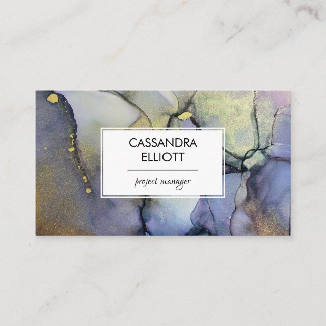 Abstract Denim Blue & Gold Alcohol Ink Liquid Art Business Card (Front)