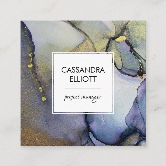 Abstract Denim Blue & Gold Alcohol Ink Liquid Art Square Business Card (Front)