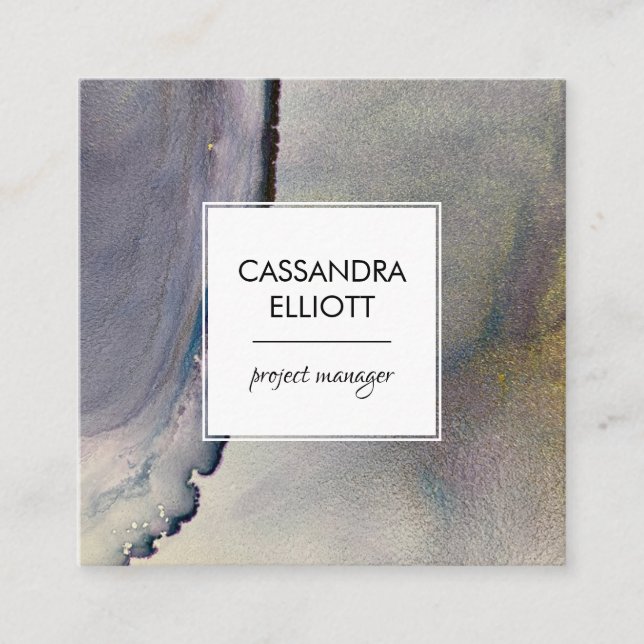Abstract Denim Blue & Gold Alcohol Ink Liquid Art Square Business Card (Front)