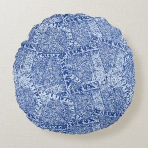 Abstract Denim Pockets Patchwork Seamless Pattern Round Cushion