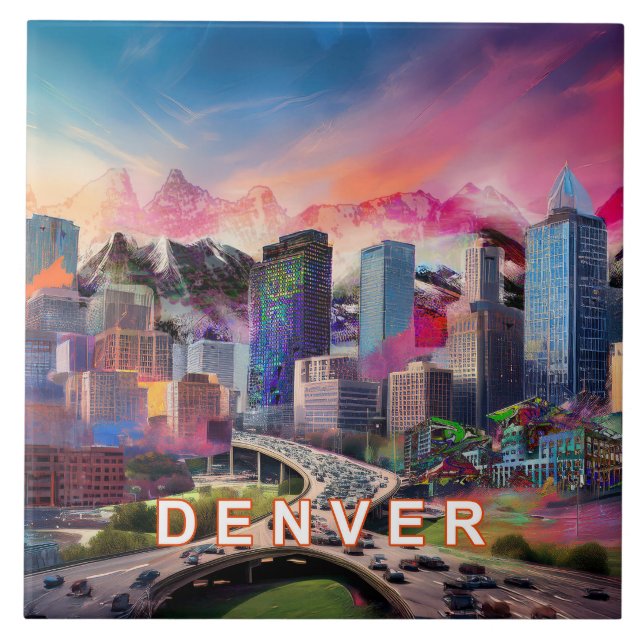Abstract Denver Skyline Art Modern  Ceramic Tile (Front)