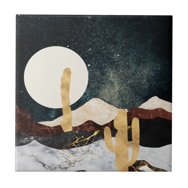 Abstract Desert Night Sky with Golden Cactus Ceramic Tile (Front)
