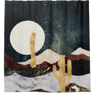 Abstract Desert Night Sky with Golden Cactus Shower Curtain