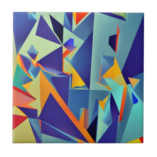 Abstract Design 290 Cubism Blue Orange Ceramic Tile