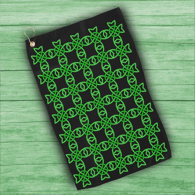Abstract design Bright Green Celtic Knot Pattern Golf Towel (Irish Celtic knot design intertwined loops in vibrant green on black golf towel.)