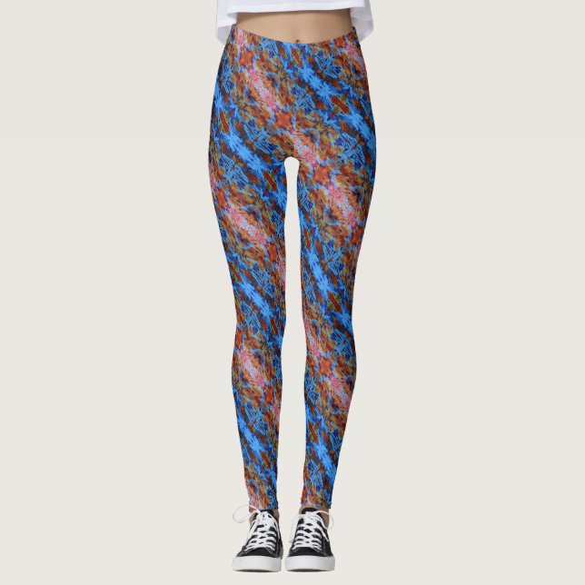 Abstract design of blue & pink spiralling stripes leggings (Front)