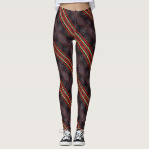 Abstract design of red & green spiralling stripes leggings