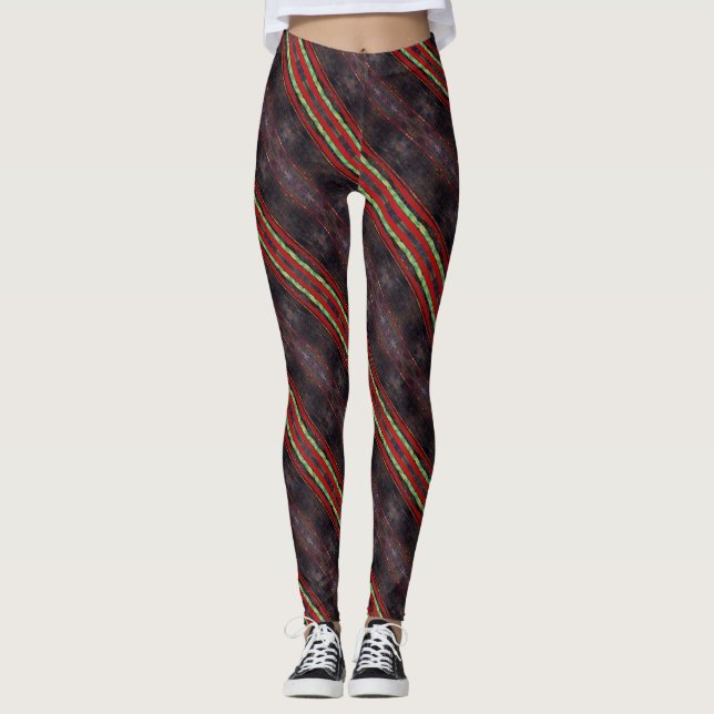 Abstract design of red & green spiralling stripes leggings (Front)