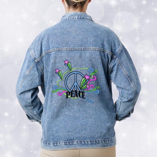 Abstract Design Peace Sign Scrolls Pink Stars Denim Jacket (Abstract blue peace sign surrounded by colourful scrolls and pin shooting stars on denim jacket.)