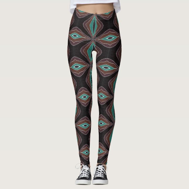Abstract design tiled leaf shape in green & brown leggings (Front)