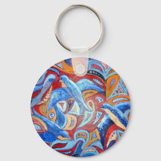 Abstract design with blue swallows with red accent key ring