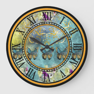 Abstract Design with Butterflies & Flowers Large Clock