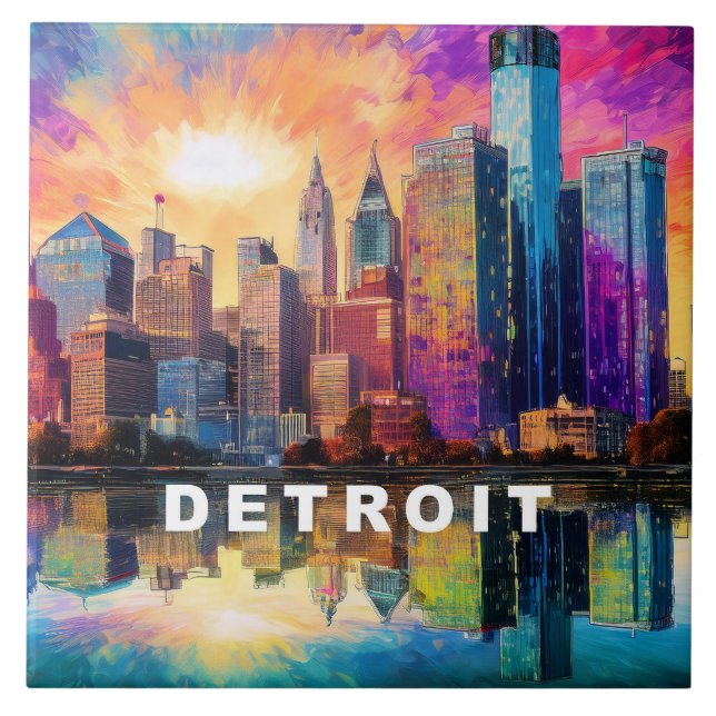 Abstract Detroit Skyline Art Modern Cityscape  Ceramic Tile (Front)
