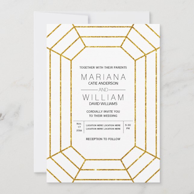 Abstract diamond jewel gold glitter white wedding invitation (Front)