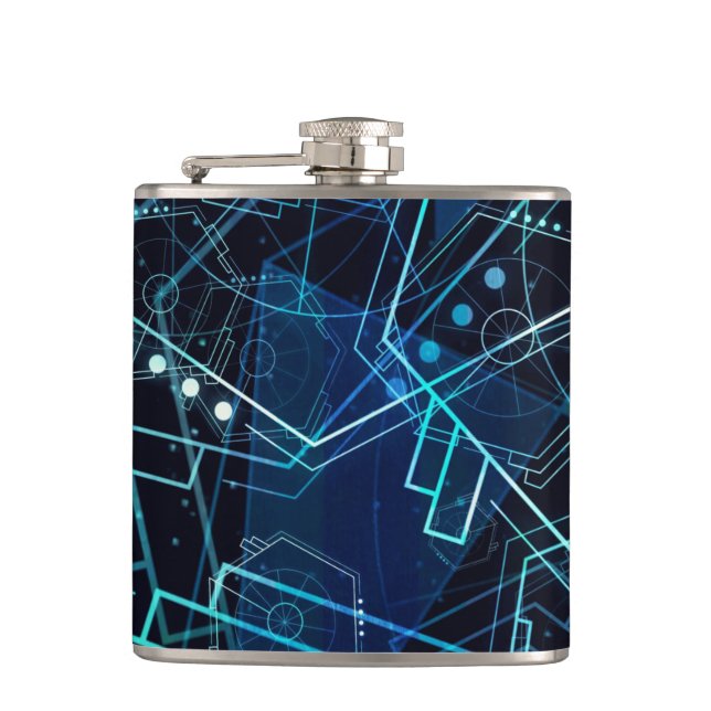 Abstract Digital Geometric Data Blue Art Hip Flask (Front)