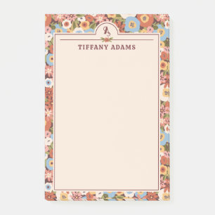Abstract Ditsy Flowers Retro Monogram Name Post-it Notes