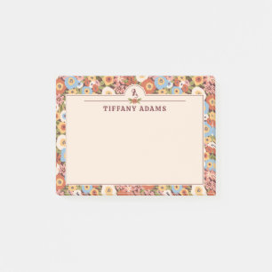 Abstract Ditsy Flowers Retro Monogram Post-it Notes