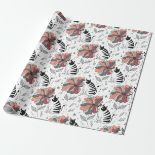 Abstract Doodle Art Style Cat Smelling Flower Wrapping Paper