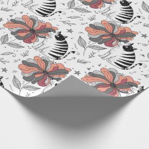 Abstract Doodle Art Style Cat Smelling Flower Wrapping Paper