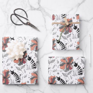Abstract Doodle Art Style Cat Smelling Flower Wrapping Paper Sheet