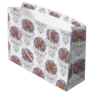 Abstract Doodle Art Style Flowers Purple Orange Large Gift Bag