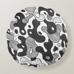 Abstract Doodle Camouflage Black Style Round Cushion