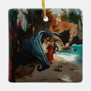 Abstract Dragon Skull Occult Dark Witchy AI Art Ceramic Ornament