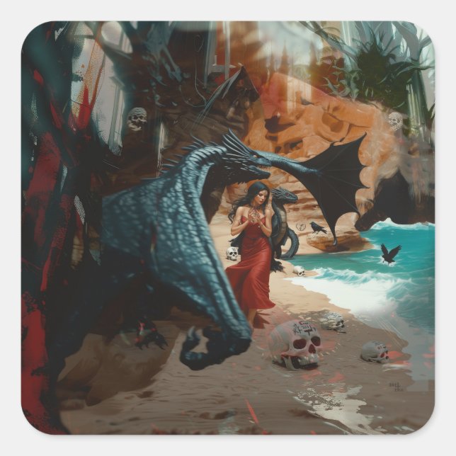 Abstract Dragon Skull Occult Dark Witchy AI Art Square Sticker (Front)