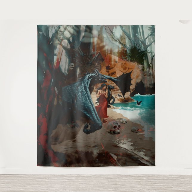 Abstract Dragon Skull Occult Dark Witchy AI Art Tapestry (Front)