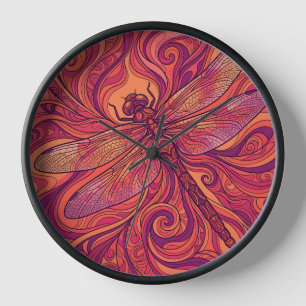 Abstract Dragonfly Sunset Orange Line Art Clocks
