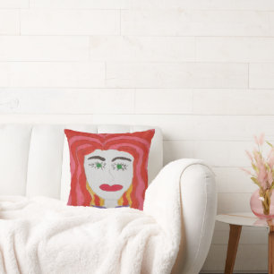 Abstract Drawing: Face of a Red Haired Girl Cushion