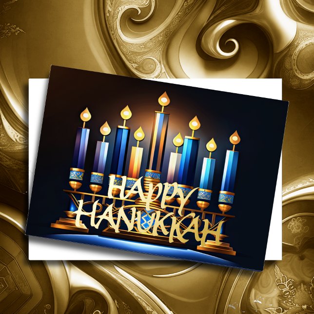 Abstract Drawing Menorah Happy Hanukkah Gold Blue Foil Holiday Card (Creator Uploaded)