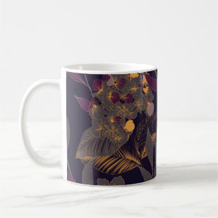 Abstract drawing of flowers and leaves on a golden coffee mug