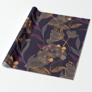 Abstract drawing of flowers and leaves on a golden wrapping paper
