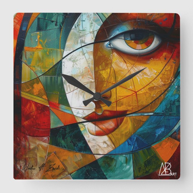 Abstract drawing of girl's eyes square wall clock (Front)