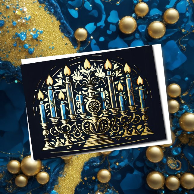 Abstract Drawing of Menorah Gold Blue Holiday Card (Creator Uploaded)