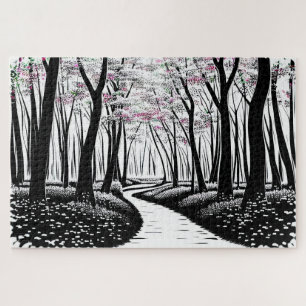Abstract Drawing Silhouette Trees with Purple Jigsaw Puzzle