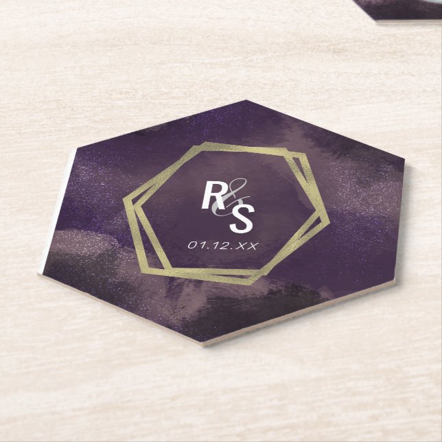Abstract Dreams Purple Faux Gold Splash Wedding Paper Coaster (Angled)