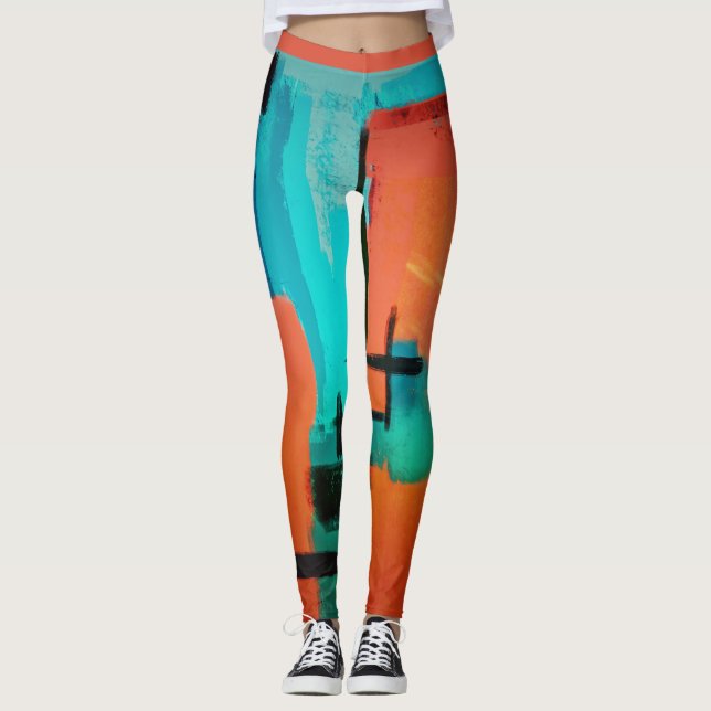 Abstract Dynamic Modern Orange Green Blue Black Leggings (Front)