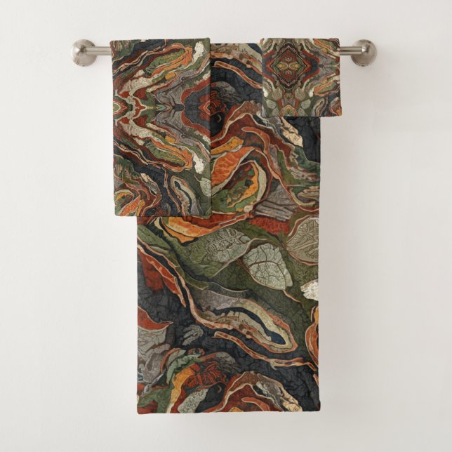 Abstract Earth Tone Swirl Pattern Bath Towel Set (Insitu)