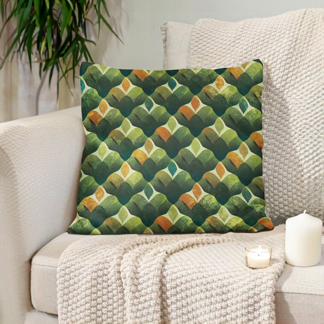 Abstract Earth Tones Green Brown  Cushion (Abstract green and orange decorator pillow)