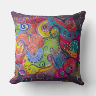 Abstract eggplant and colour swirl painting on cushion