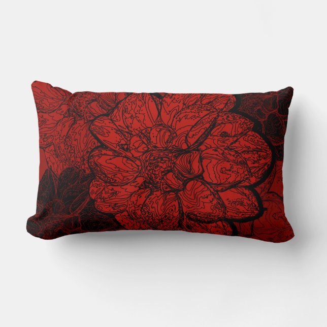 Abstract Elegant Ruby Red & Black Dahlia Floral Lumbar Cushion (Front)