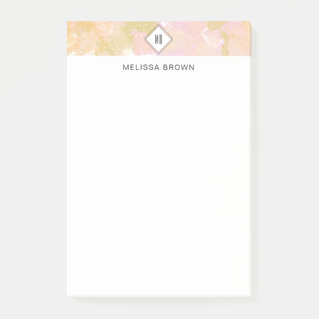 Abstract Elegant Watercolor Monogram Pink Gold Post-it Notes (Front)