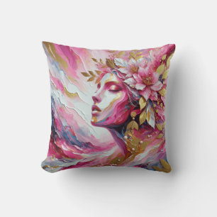 Abstract Elegant woman's face pinks leaves  Cushion