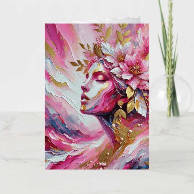 Abstract Elegant woman's face pinks leaves poster Foil Greeting Card (Front)