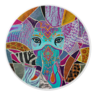 Abstract Elephant collage - mixed textures Ceramic Knob