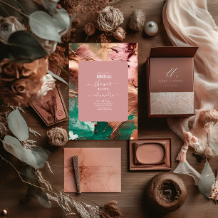 Abstract emerald green rose gold bridal invitation