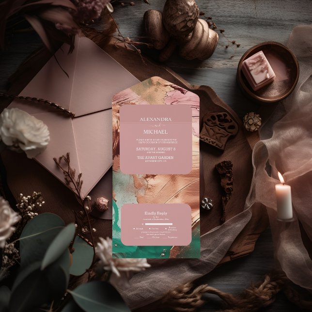 Abstract emerald green rose gold wedding all in one invitation (Creator Uploaded)