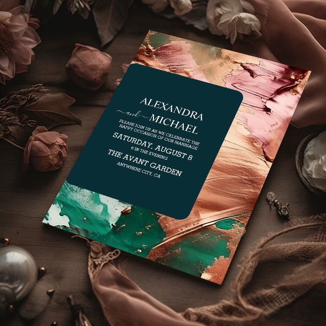 Abstract emerald green rose gold wedding invitation (Creator Uploaded)
